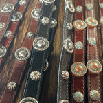 Copper/Turquoise accents and Silver/Black Accents on black and brown leather with adjustable Buckle set
