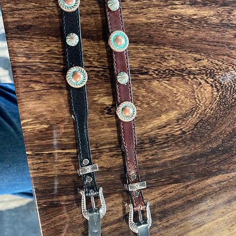 Copper/Turquoise accents and Silver/Black Accents on black and brown leather with adjustable Buckle set